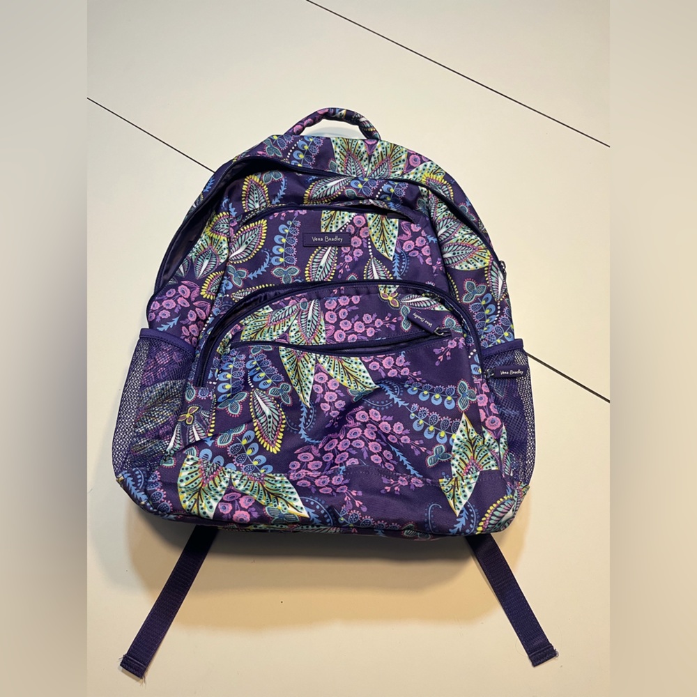 Vera Bradley backpack in the Batik Leaves pattern standard purple green